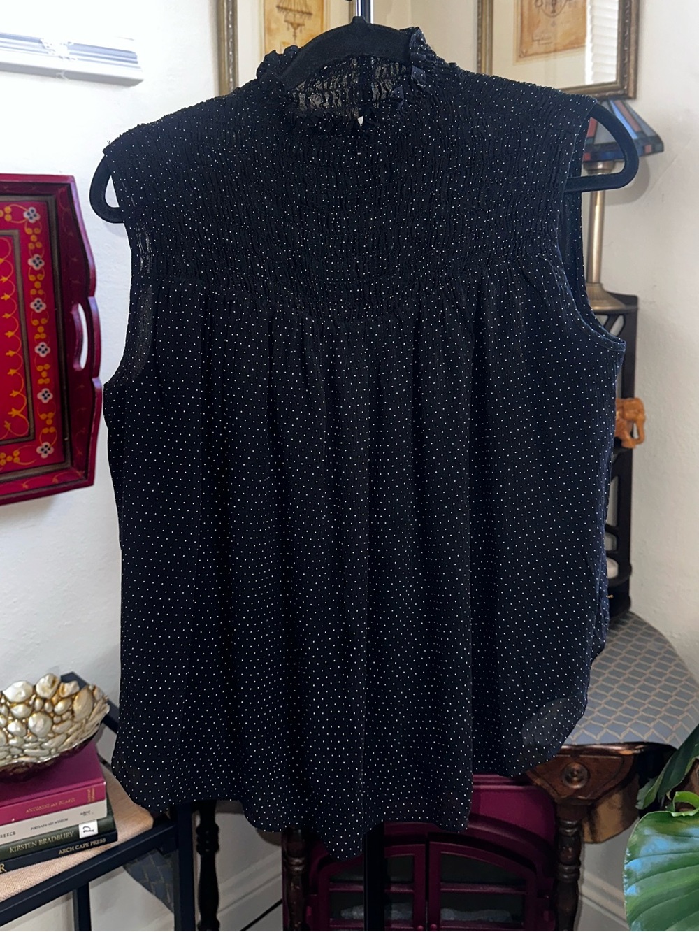 Frame Denim Black Sleeveless Smocked Neck Camisole